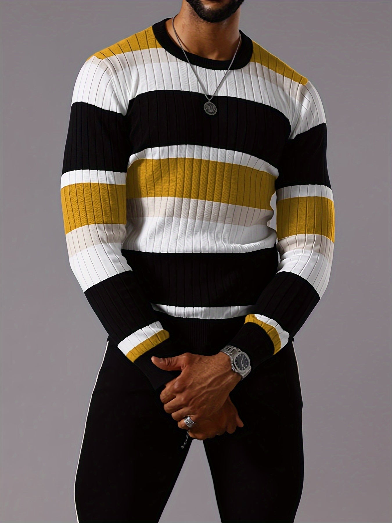 Pull rayé en tricot côtelé pour homme – Pull Color Block Automne Hiver
