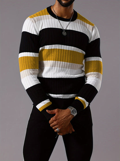 Pull rayé en tricot côtelé pour homme – Pull Color Block Automne Hiver
