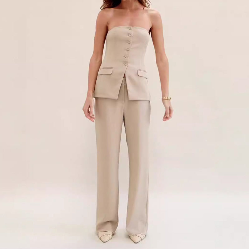 Loom & Soul™ Elegante conjunto de tubo – Top sin mangas con botones y pantalón recto para mujer