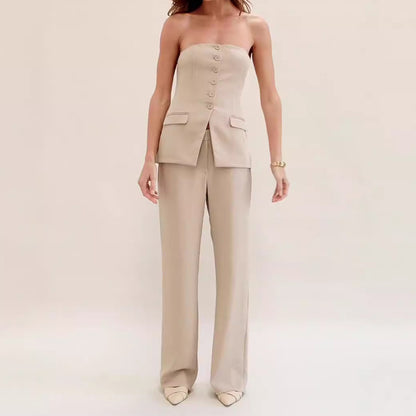 Loom & Soul™ Elegante conjunto de tubo – Top sin mangas con botones y pantalón recto para mujer