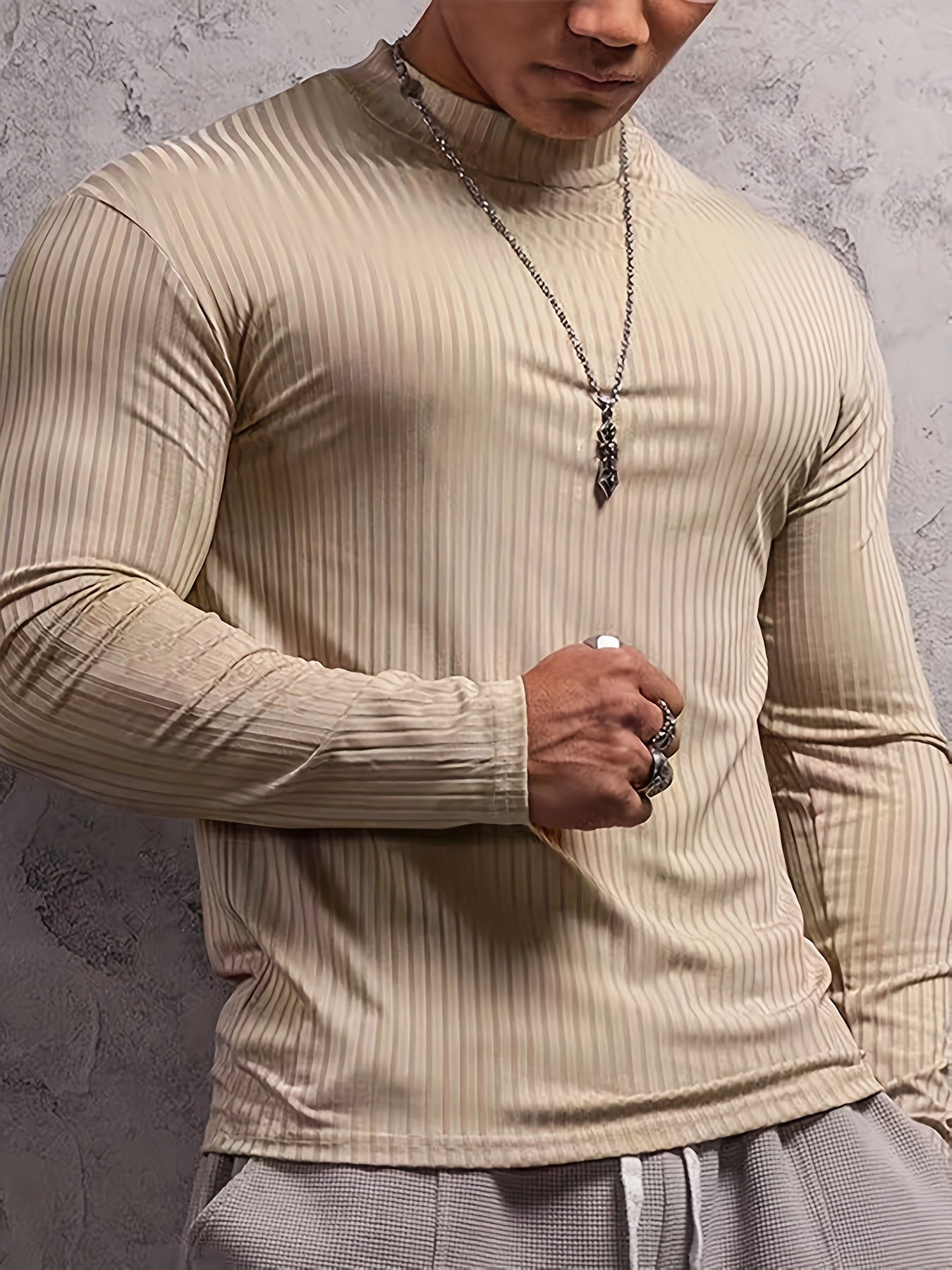 Camiseta de manga larga ajustada acanalada para hombre – Camiseta deportiva con cuello alto