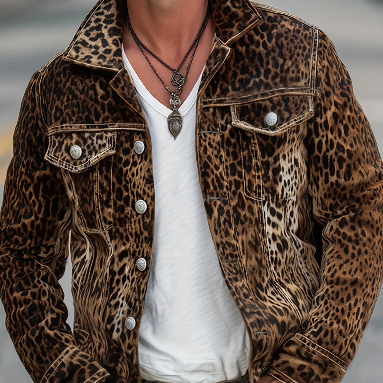 Chaqueta vaquera con estampado de leopardo – Prenda de trabajo holgada de lujo