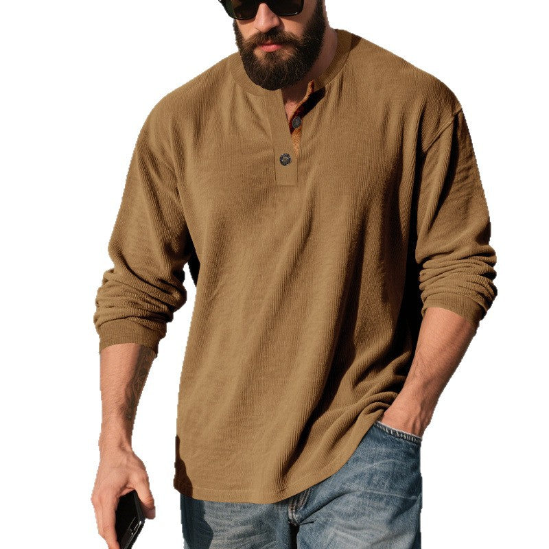 Camisa Henley de pana retro para hombre – Manga larga ajuste holgado