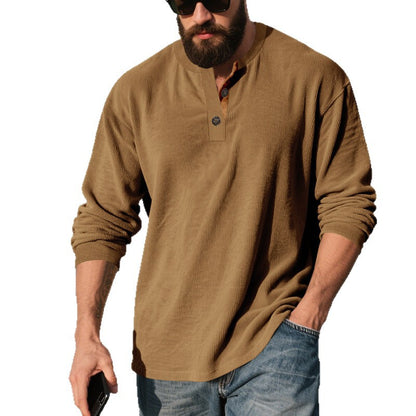 Camisa Henley de pana retro para hombre – Manga larga ajuste holgado