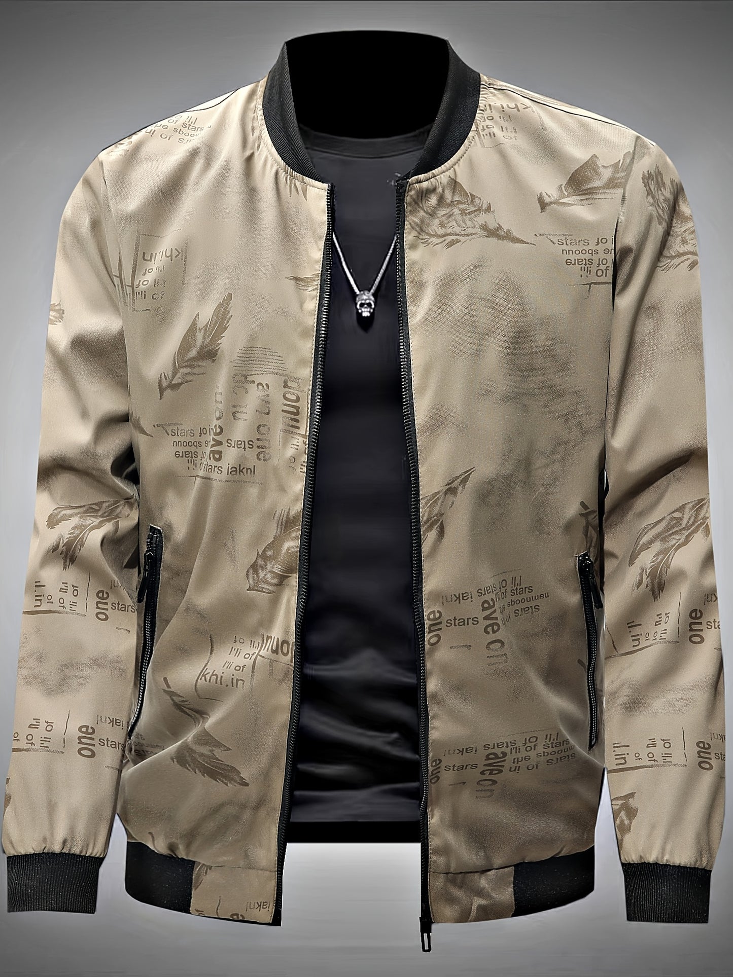 Men’s Feather Print Track Jacket – Zip-Up Baseball Collar Street Coat