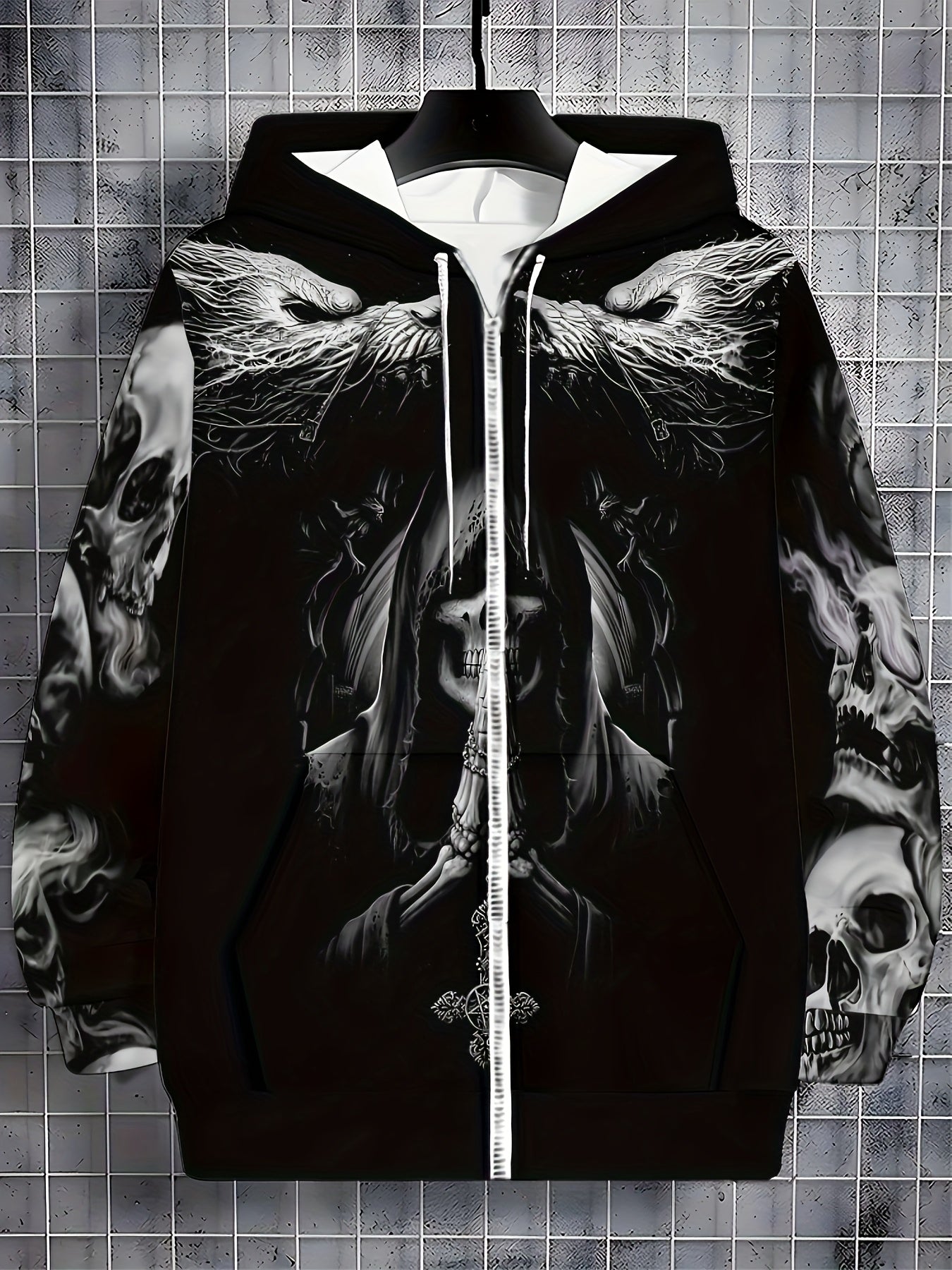 Sweat à capuche zippé gothique tête de mort pour homme Loom & Soul – Veste streetwear ailes enflammées