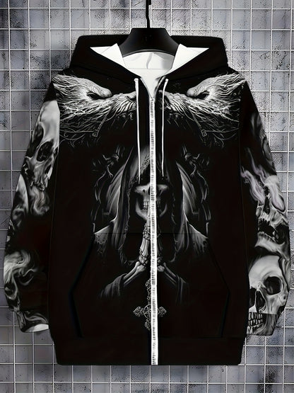Sweat à capuche zippé gothique tête de mort pour homme Loom & Soul – Veste streetwear ailes enflammées