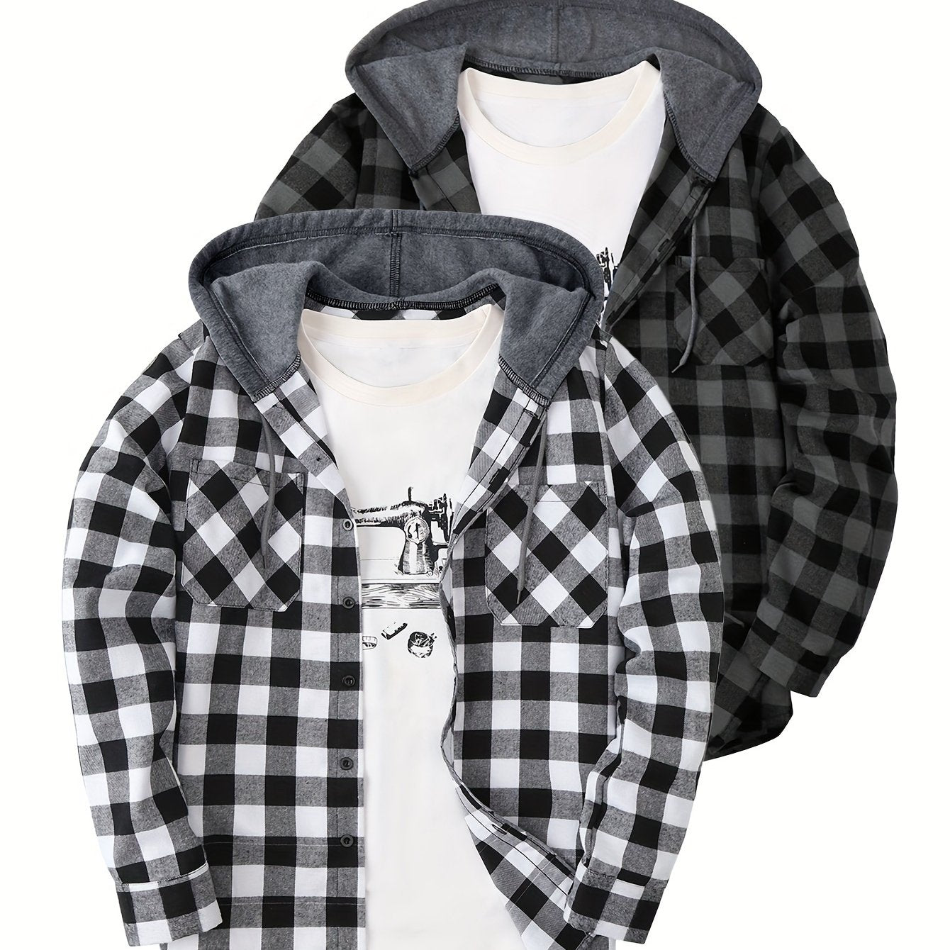 Camisas a cuadros con capucha para hombre, 2 piezas – Conjunto de chaqueta tipo suéter con botones