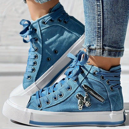 Skull Pattern Sneakers – Lace-Up Mid-Top Casual Streetwear Shoes