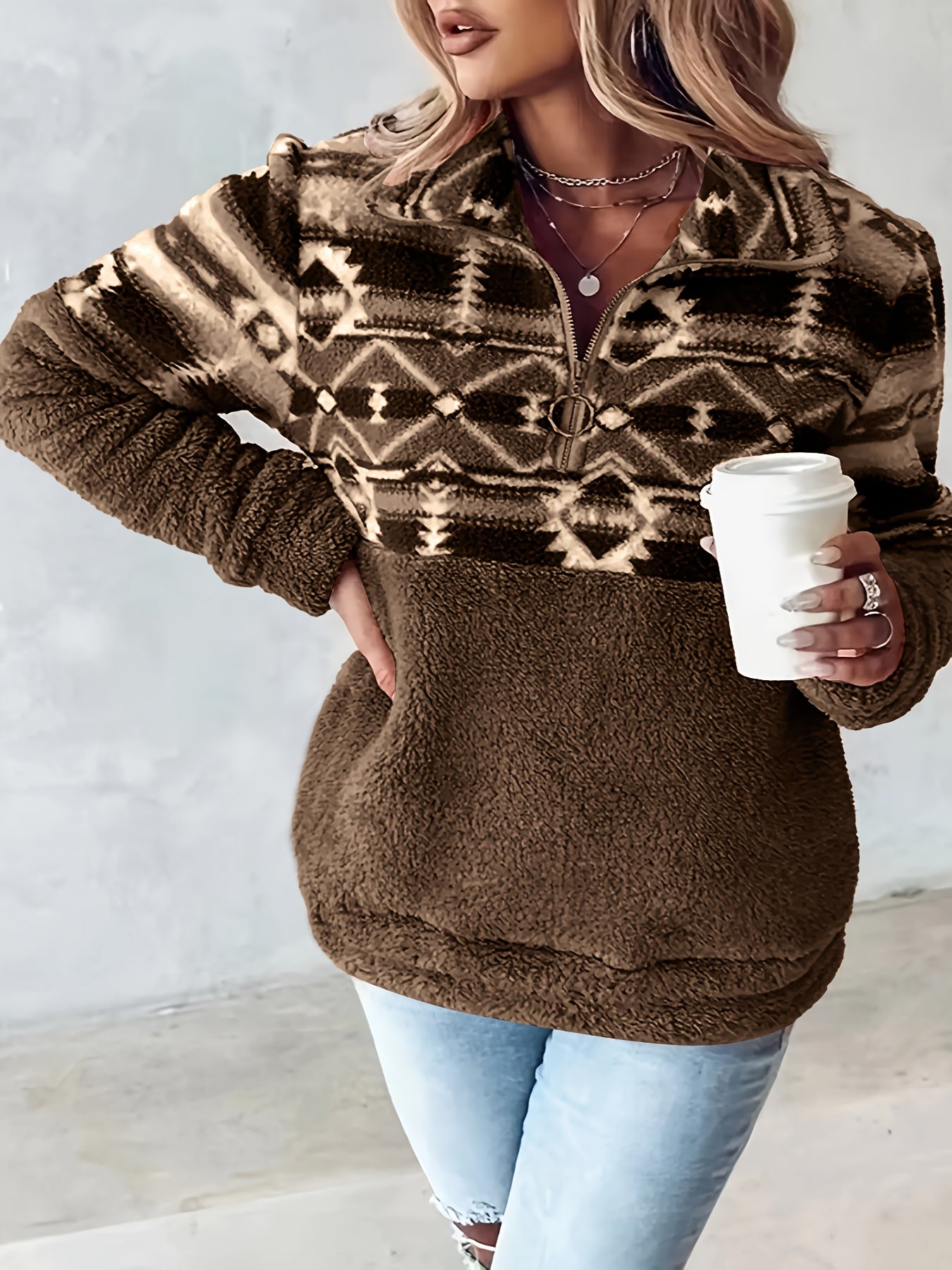 Sudadera de felpa con patrón geométrico Geo – Forro polar con media cremallera para otoño e invierno