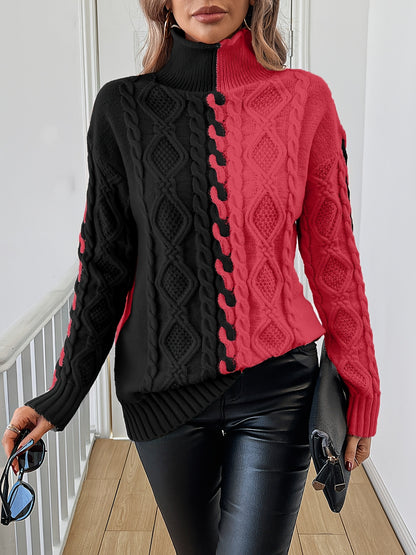 Blusa Elegante de Rayas con Cuello Alto – Top de Manga Larga de Punto Color Block
