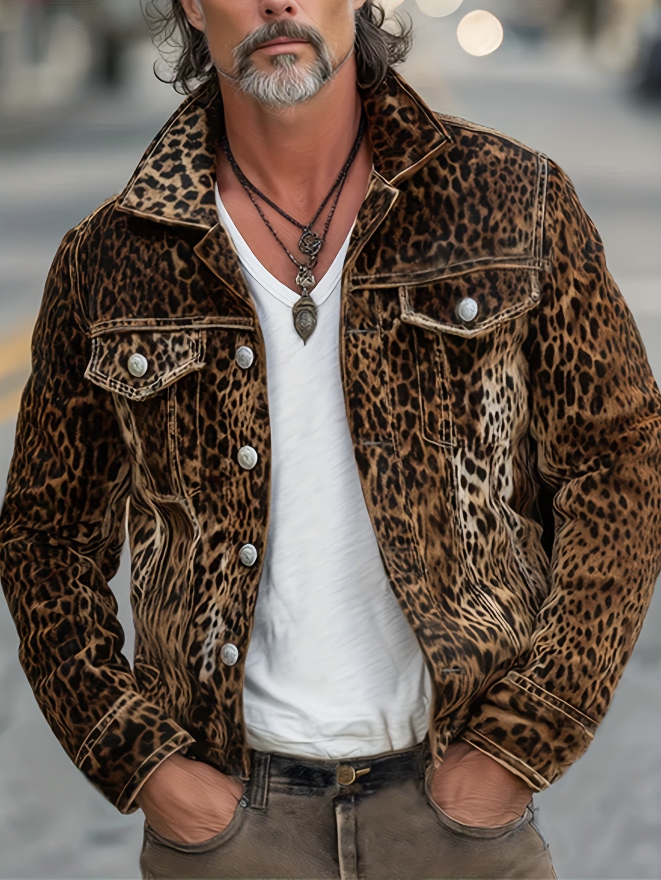Chaqueta vaquera con estampado de leopardo – Prenda de trabajo holgada de lujo