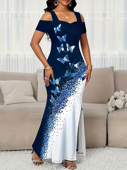 Vestido de Noche Sirena con Hombros Descubiertos – Elegante Vestido Largo con Abertura Alta para Mujer