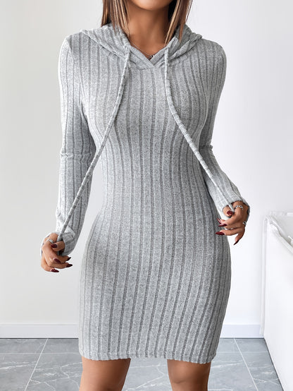 Vestido bodycon acanalado con capucha para mujer – Lazo ajustable, manga larga, corte lápiz