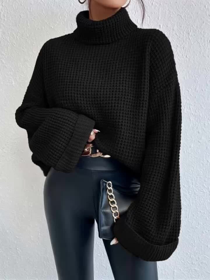 Pull gaufré col montant et épaules tombantes pour femme – Maille bleu vif