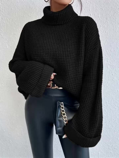 Pull gaufré col montant et épaules tombantes pour femme – Maille bleu vif