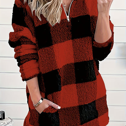 Pull douillet pour femme à col montant avec fermeture éclair – Motif écossais