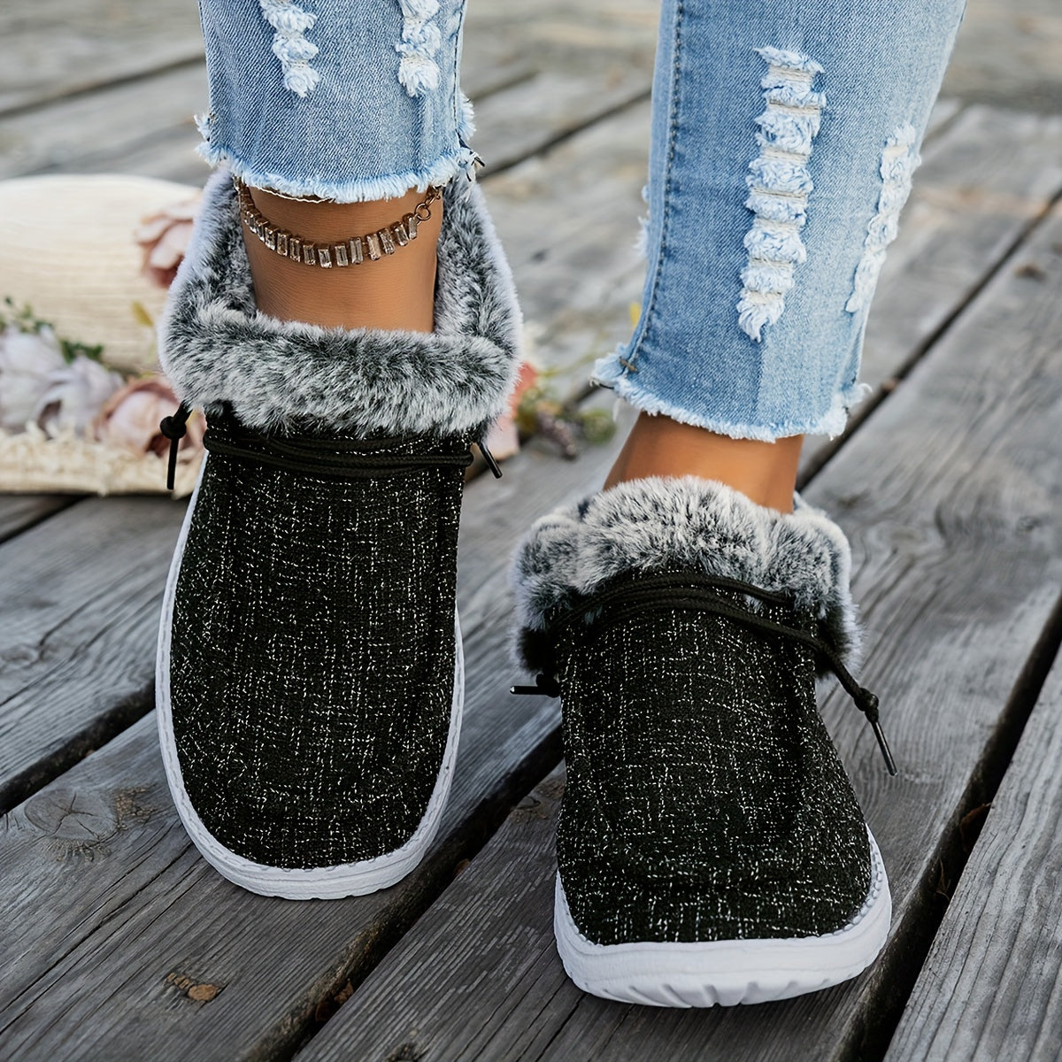Mocassins à enfiler pour femmes – Chaussures d'hiver décontractées chaudes et antidérapantes avec semelle en EVA