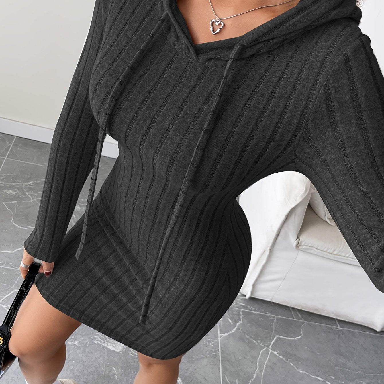 Vestido bodycon acanalado con capucha para mujer – Lazo ajustable, manga larga, corte lápiz