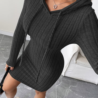 Vestido bodycon acanalado con capucha para mujer – Lazo ajustable, manga larga, corte lápiz