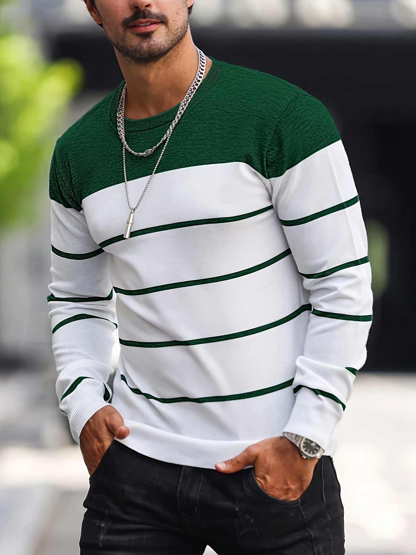 Suéter de punto a rayas azul marino para hombre – Sudadera informal de cuello redondo