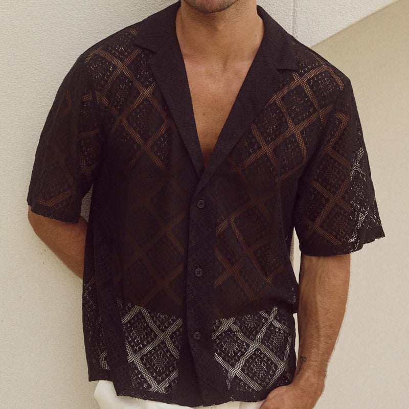 Camisa de Hombre Transpirable con Calados – Top Casual de Manga Corta con Solapa