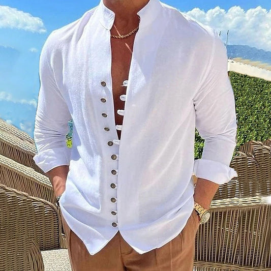 Camisa de lino y algodón para hombre con cuello alto – Cárdigan casual de corte holgado