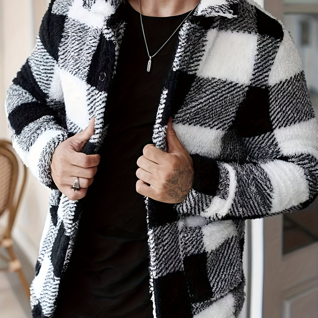 Men’s Black & White Plaid Fleece Jacket – Cozy Winter Overshirt