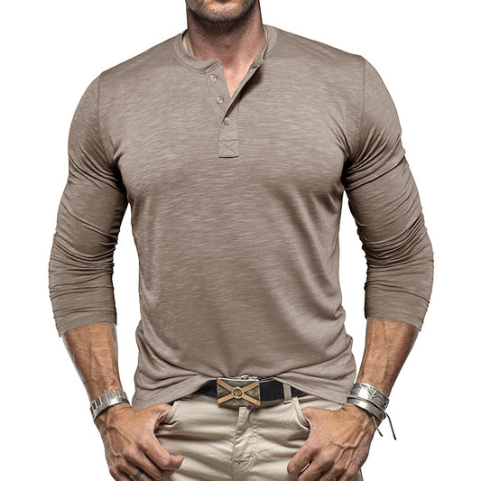 Camisa Henley de manga larga para hombre - Pulóver informal de algodón Slub