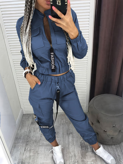 Conjunto de dos piezas con cremallera y diseño direccional – Ropa urbana informal para mujer