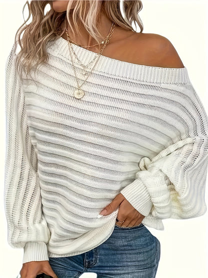 Blusa de talla grande con hombros descubiertos – Blusa informal de manga murciélago acanalada