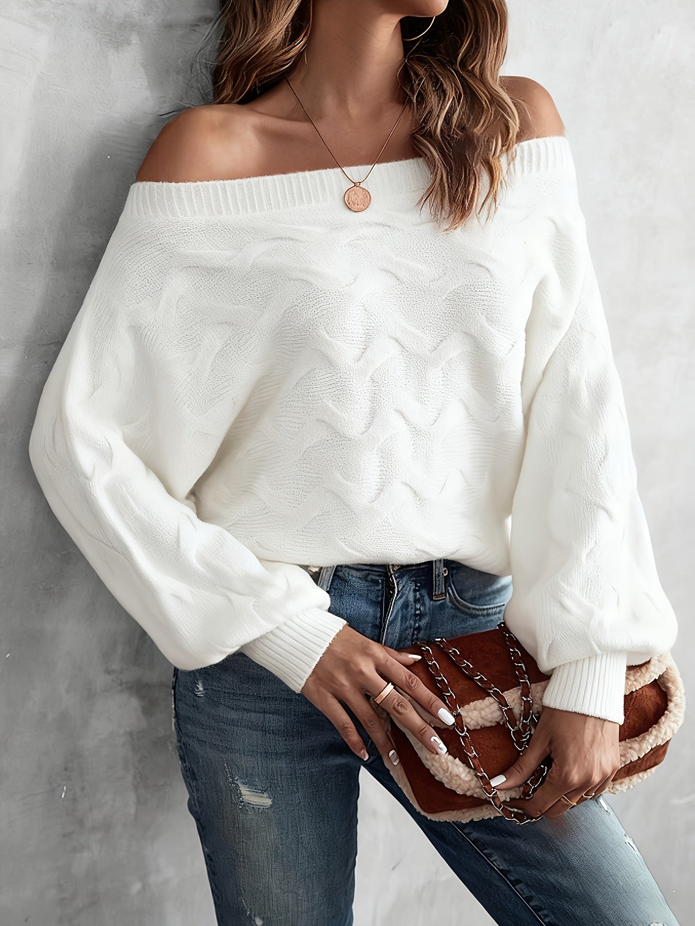 Suéter murciélago para mujer con hombros descubiertos – Tejido holgado para todas las estaciones