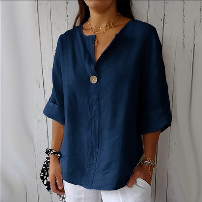 Loom & Soul™ Top de botones con cuello en V de algodón y lino para mujer – Blusa suelta de manga larga