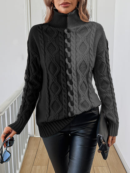 Blusa Elegante de Rayas con Cuello Alto – Top de Manga Larga de Punto Color Block