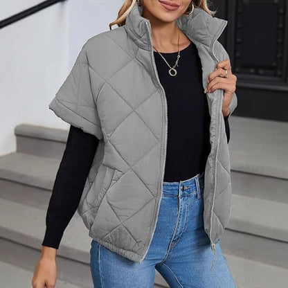 Women’s Diamond Quilted Zip Jacket – Casual Warm Pocket Coat