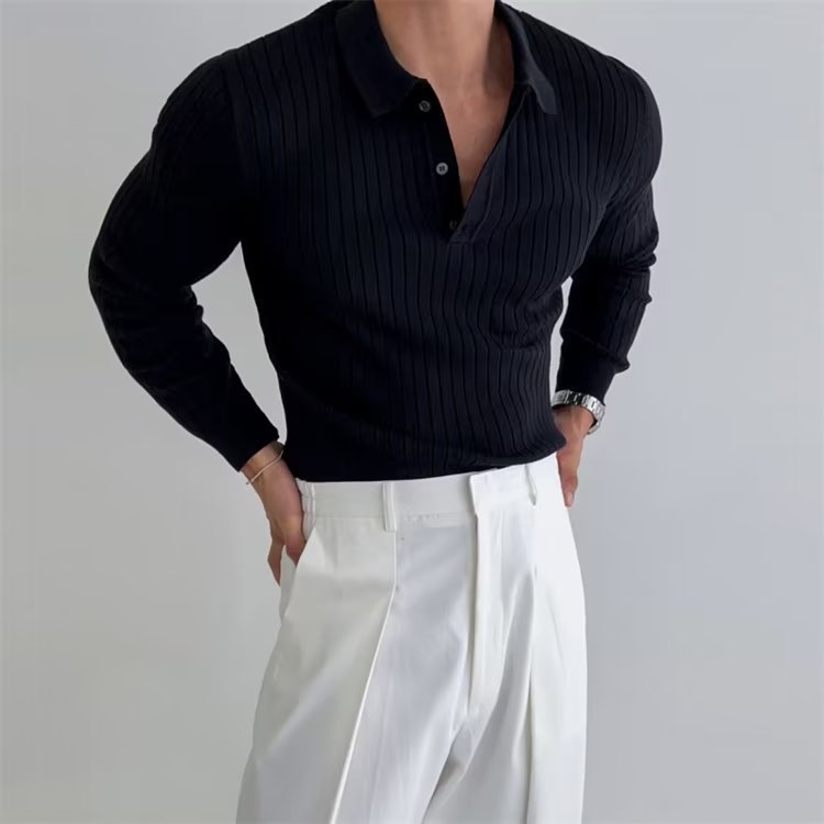 Polo homme ajusté à manches longues – Col à boutons