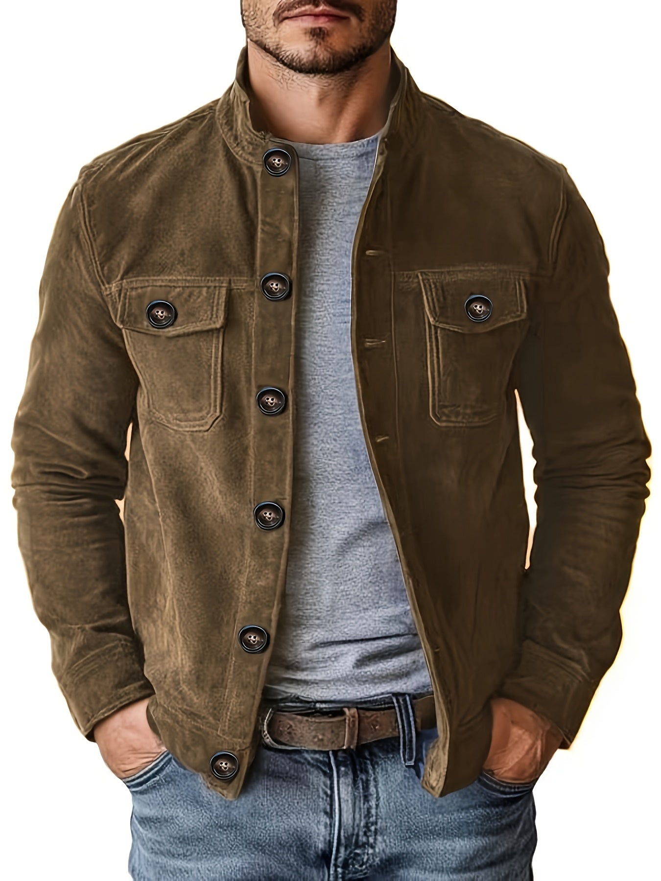 Chaqueta de ante sintético para hombre – Abrigo informal con cuello alto y botones