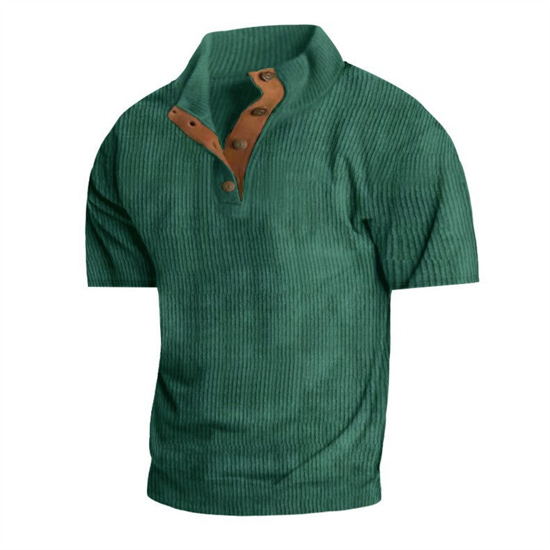 Men’s Corduroy Stand Collar Tee – Textured Casual Short Sleeve