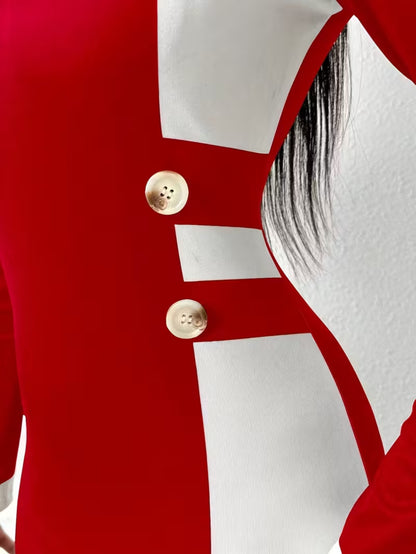 Red & White Color Block Bodycon Dress – Elegant Slim-Fit Party Dress