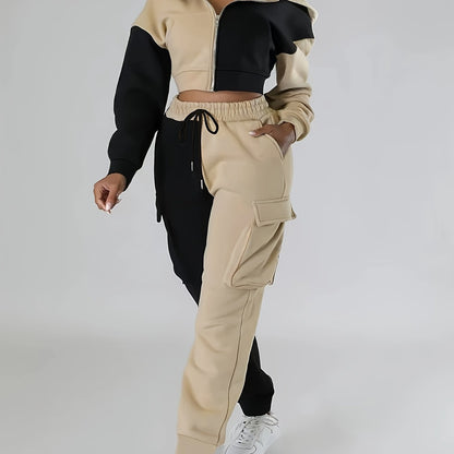Colorblock Hooded Jacket & Cargo Pants Set – Women’s Zip-Up Two-Piece