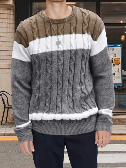 Suéter de punto trenzado color block para hombre – Suéter suave de cuello redondo