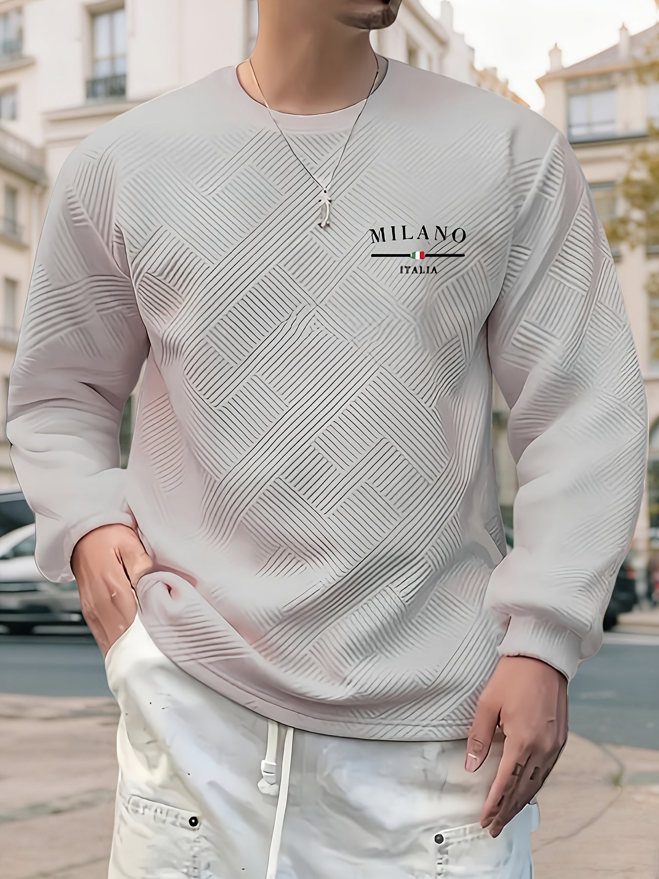 Sudadera jacquard de cuello redondo para hombre – Jersey casual de manga larga con estampado geométrico