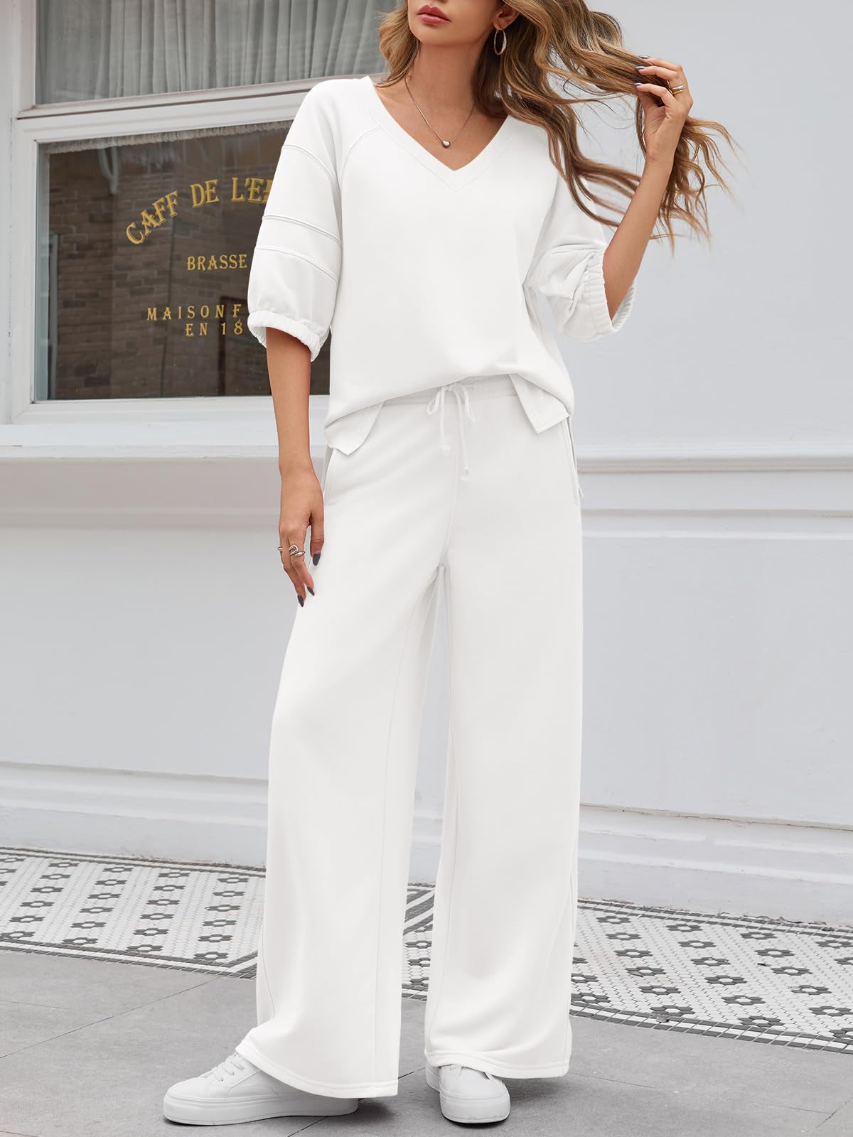 Women’s Relaxed V-Neck Set – Wide Leg Lounge & Travel Outfit