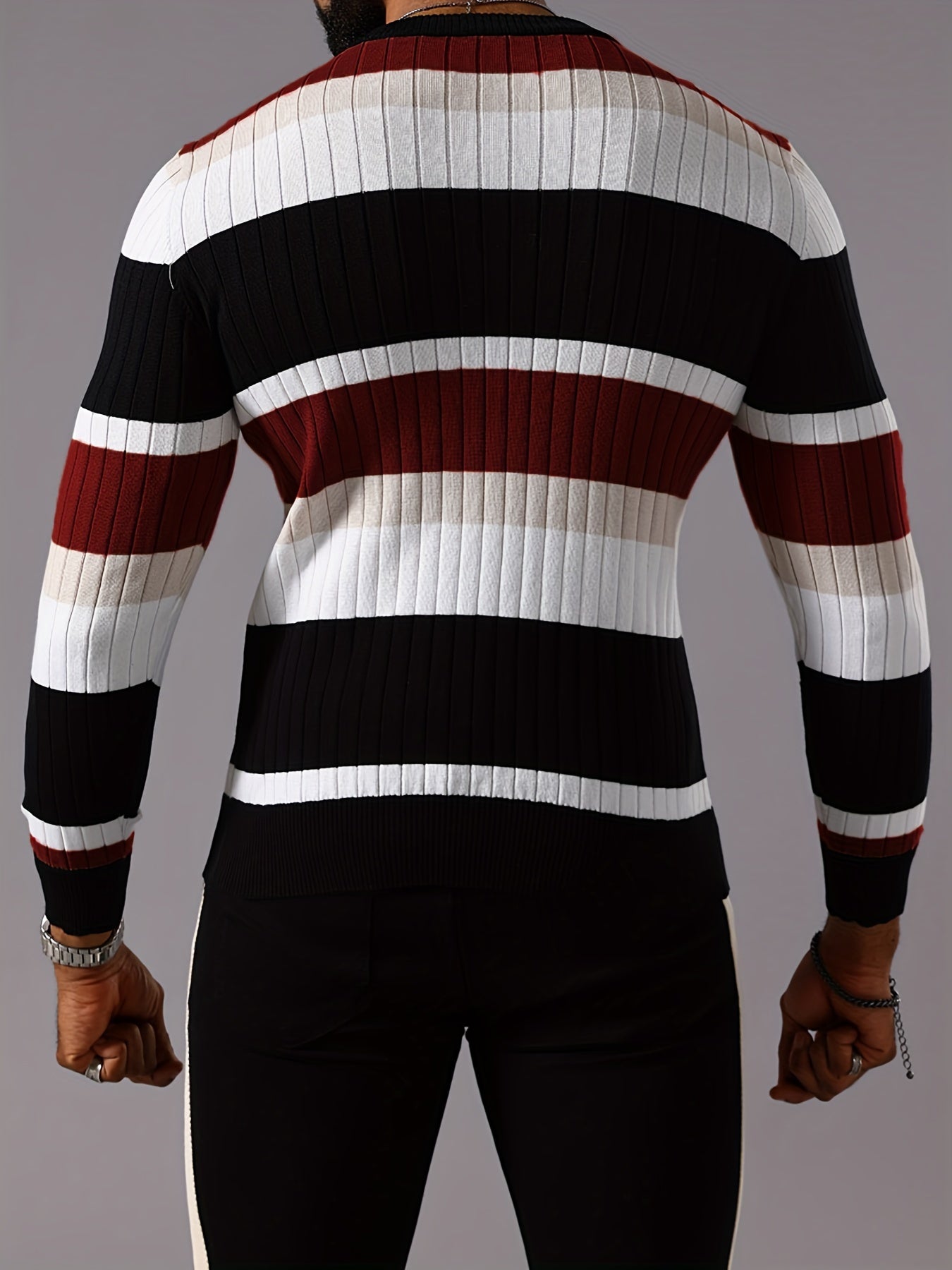 Pull rayé en tricot côtelé pour homme – Pull Color Block Automne Hiver