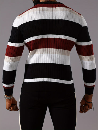 Pull rayé en tricot côtelé pour homme – Pull Color Block Automne Hiver