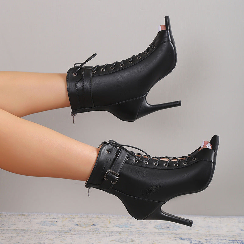 Loom & Soul™ Tacones altos con punta abierta – Sandalias de mujer con cordones, hebilla y cremallera trasera