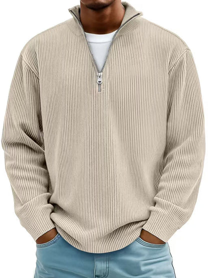 Men’s Corduroy Zip Stand Collar Sweatshirt – Casual Long Sleeve Top