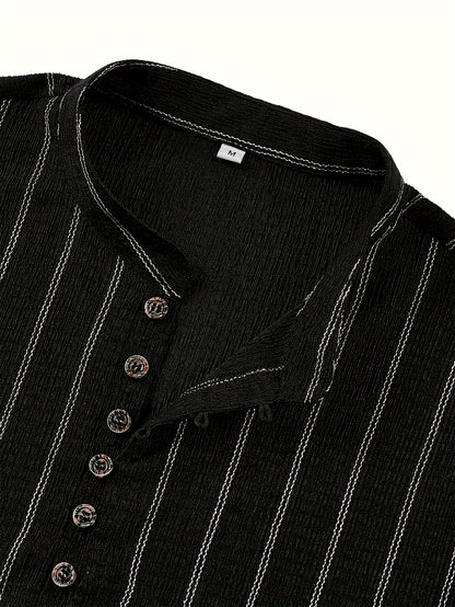 Camisa Henley de manga larga a rayas para hombre – Pulóver casual con botones