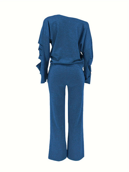 Ensemble 2 pièces femme épaules dénudées délavé – Haut manches longues et pantalon déchiré