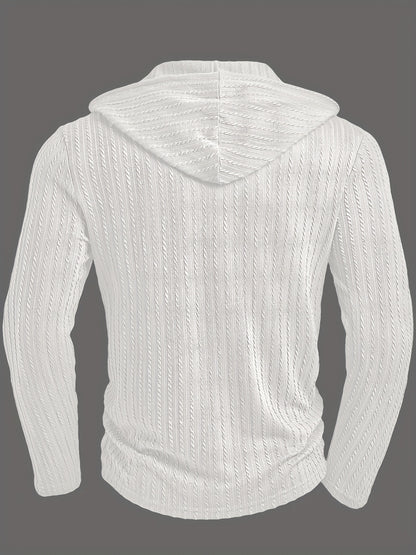 Camisa Henley con capucha para hombre – Sudadera texturizada informal de manga larga con cordón